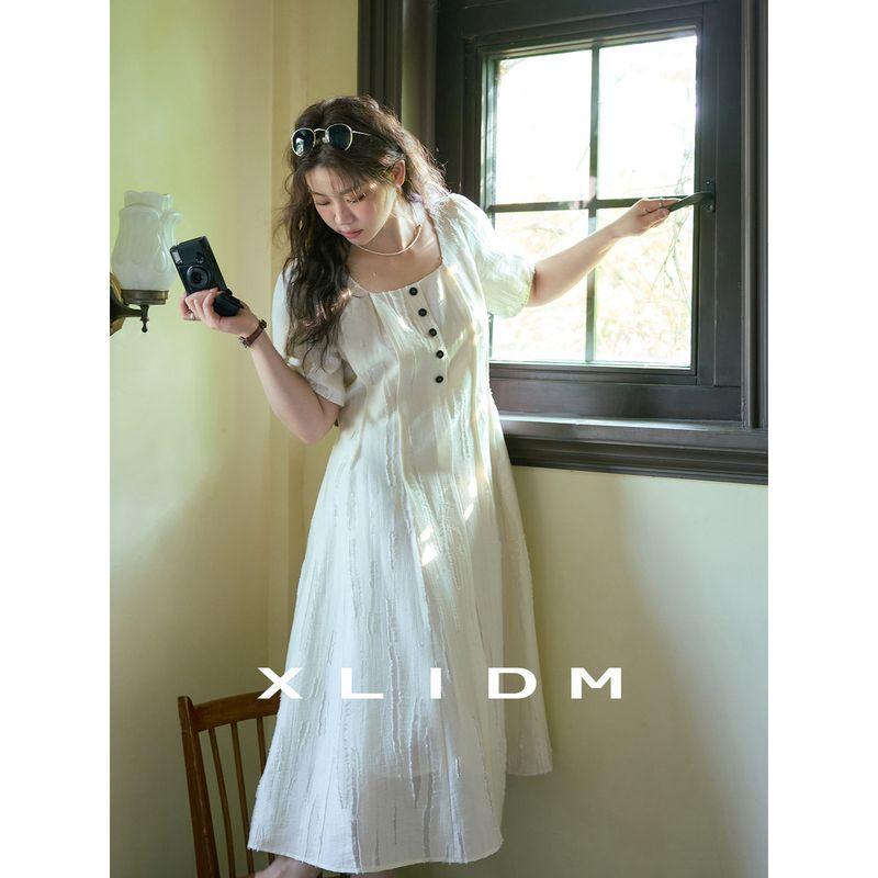 

Xiao Li Plus Size Women s Line Carving Moonlight Skirt! Cut Flower Waist Slim Looking Square Collar A- line Chubby Girl s Dress Female Summer Coconut Milk White (Spot) 4XL