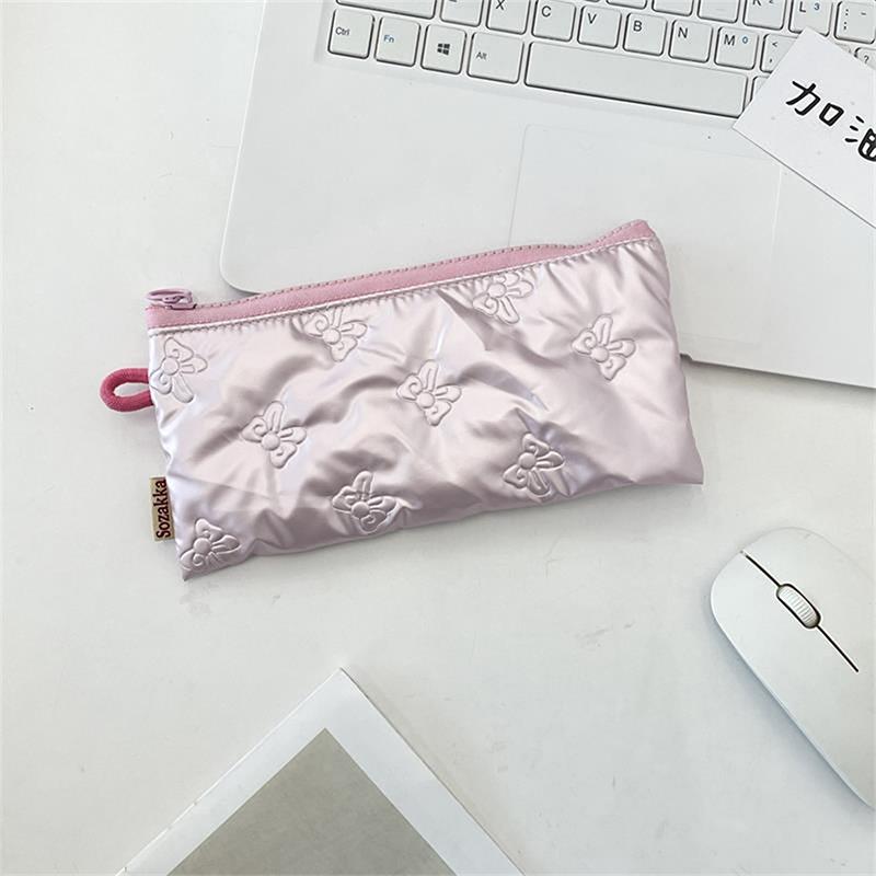 Sweet Quilted Bow Love Flap Pencil Case Organizer Coin Purse  Girly Cosmetic Bag Women Portable Sundries Storage Bag Gift