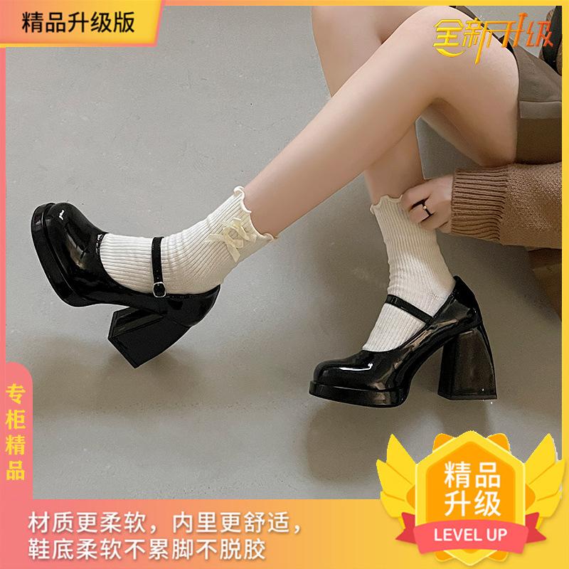 

Mary Jane shoes women s new spring square head super high heel retro small leather shoes patent leather thick heel single shoes 35