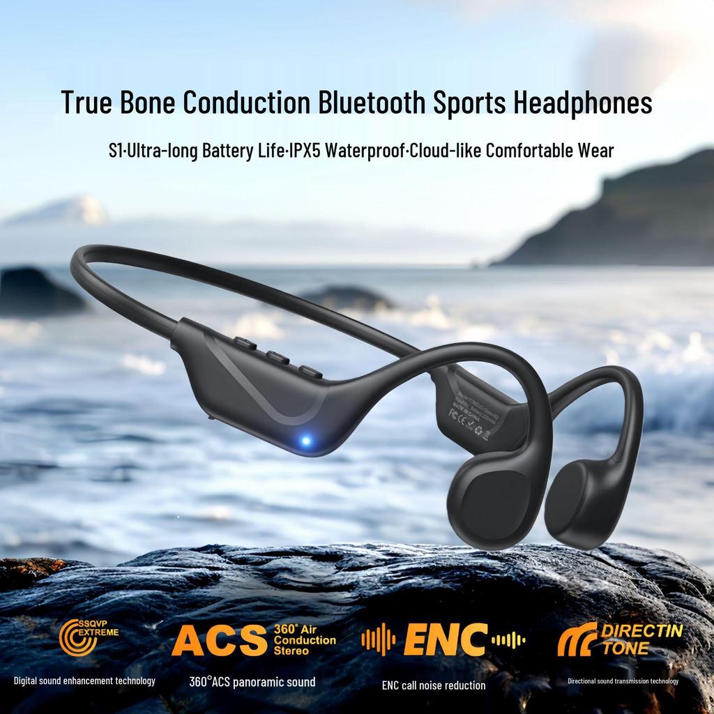 S1 True Bone Conduction Bluetooth Earphones - IPX5 Waterproof, 9h Battery, Ideal for Running & Cycling.