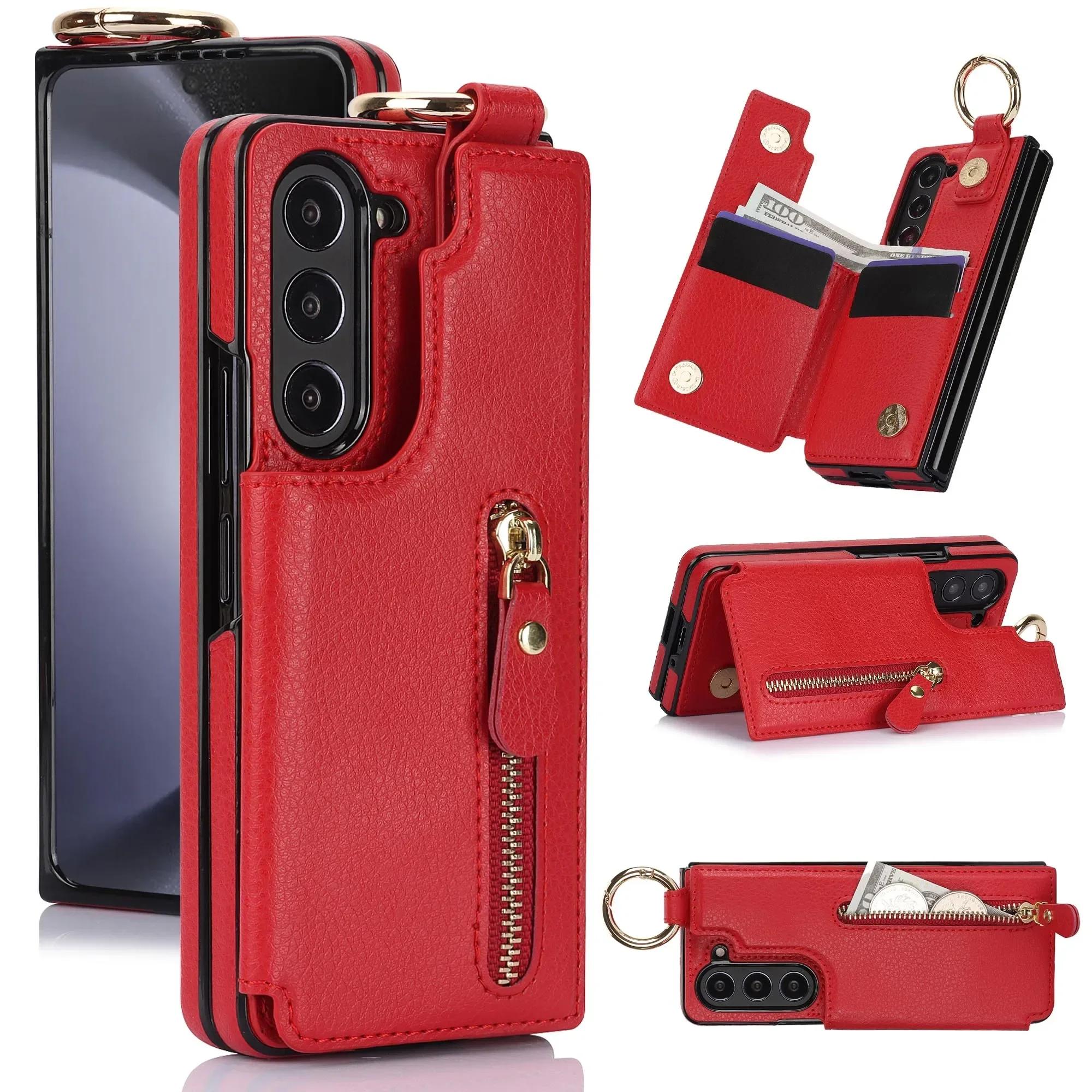 

Folding Card Bag Finger Ring Leather Stand Case for Samsung Galaxy Z Fold 3 4 5 5G ZFold4 Zipper Wallet Business ZFold5 Cover For Samsung Z Fold 6