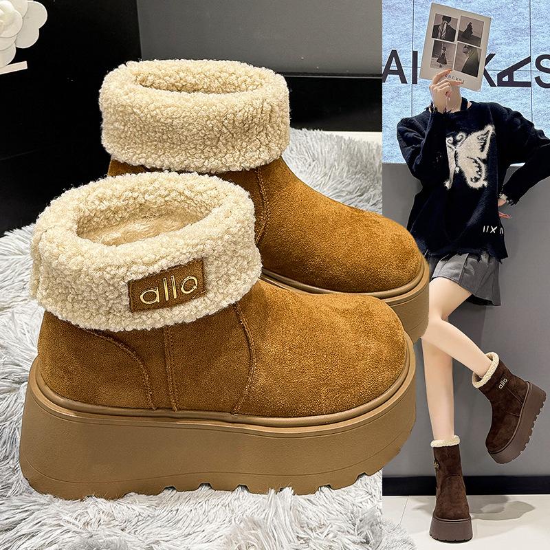 Women's thick soled winter fur one foot stirrup lightweight warm anti cold padded snow boots non-slip wear casual sneakers cotton boots
