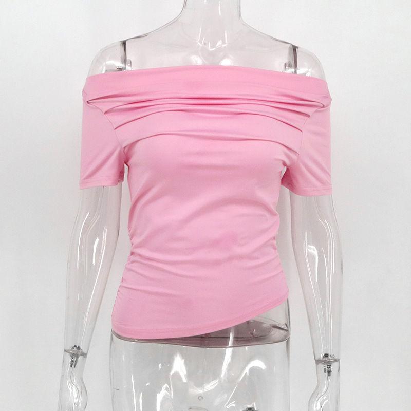 

Летняя Новая Футболка Женская Сексуальная с Коротким Рукавом Модная Футболка С Открытым Плечом Складки Кроп-Топ Повседневная Уличная Одежда Облегающая Однотонная Базовая Футболка L розовый