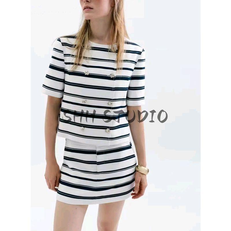Short Sleeve Stripes Casual Suit Jacket 3607345 Pocket Decoration High Waist Girly Style Pantskirt 3604345