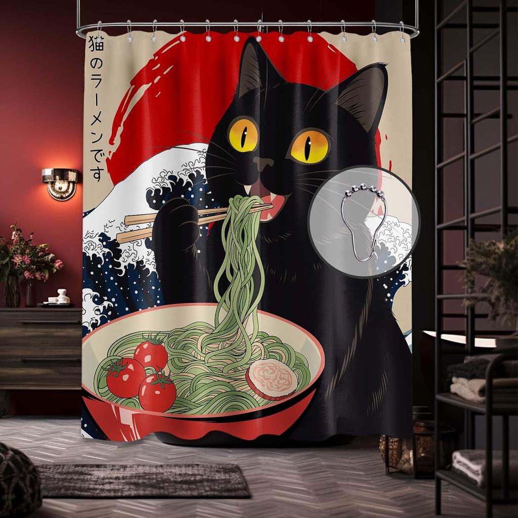 Japanese Shower Curtain Funny Black Cat Anime Wave Asian Cool Shower Curtains for Bathroom Decor Sets, Waterproof Cloth