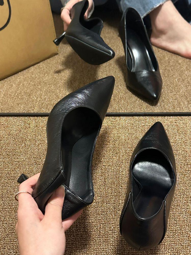 Black comfortable professional single shoes 2025 spring and summer soft leather not tired feet high heels thin heels pointed work shoes