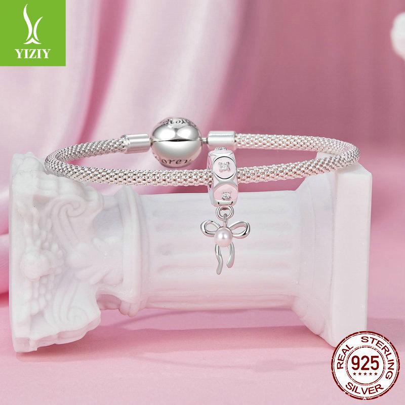 Ballet Bow Diy Bracelet Positioning Buckle, Sweet Pink Lace S925 Sterling Silver Clip Buckle