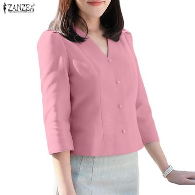 Women Casual V-Neck Solid Color 3/4 Sleeve Blouse