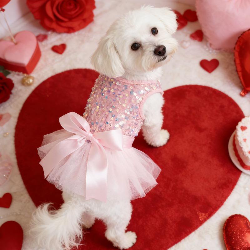 Elegant Pet Wedding Outfit Pink Shiny Sequin Mesh Skirt Soft Bridal Dress Cute Holiday Costume for Small Puppies Kittens Daily Wear