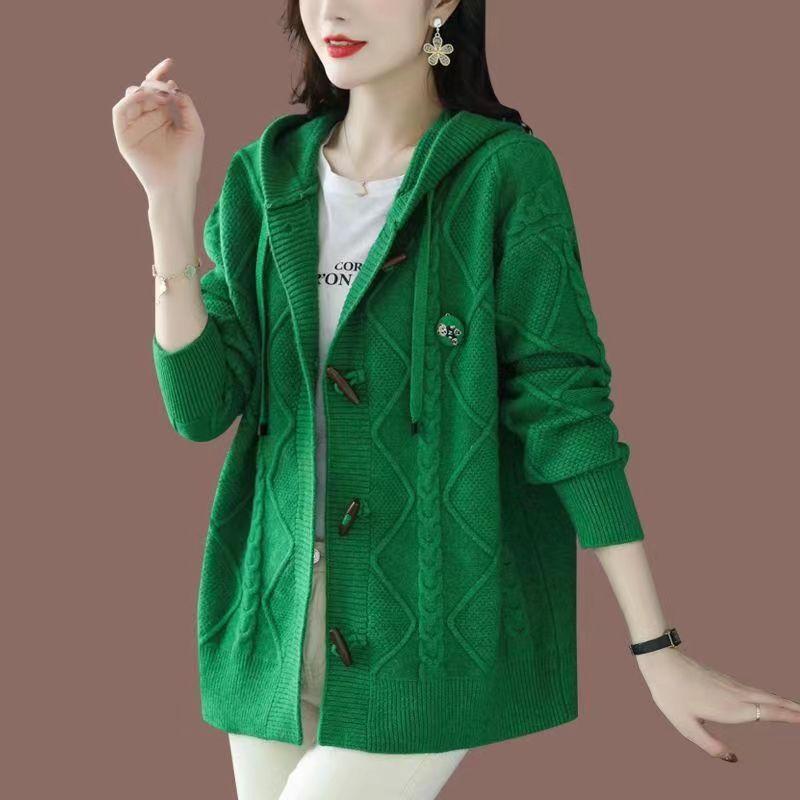 Corner buckle knitted cardigan women's early autumn new autumn and winter thickened lazy loose top sweater women