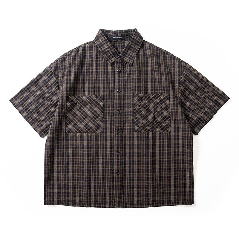 Artistic Plaid Shirt for Men, New Summer Style, Washed Pure Cotton Short-Sleeve, Trendy Brand, Loose Fit, Large Size Casual Shirt