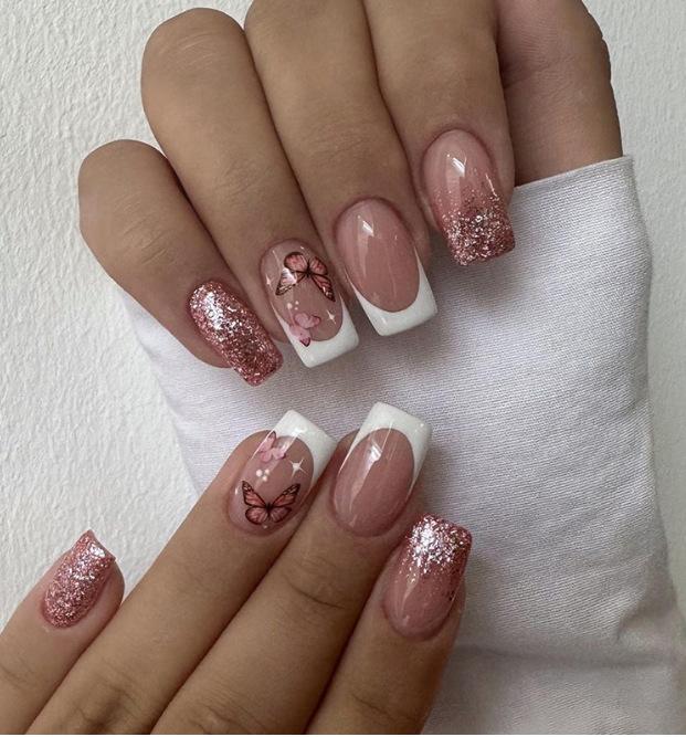 

Medium rectangular glossy European and American 24 pieces of manicure, high-grade simple and elegant French butterfly glitter, wearing nail pads Free jelly glue + rubbing strips