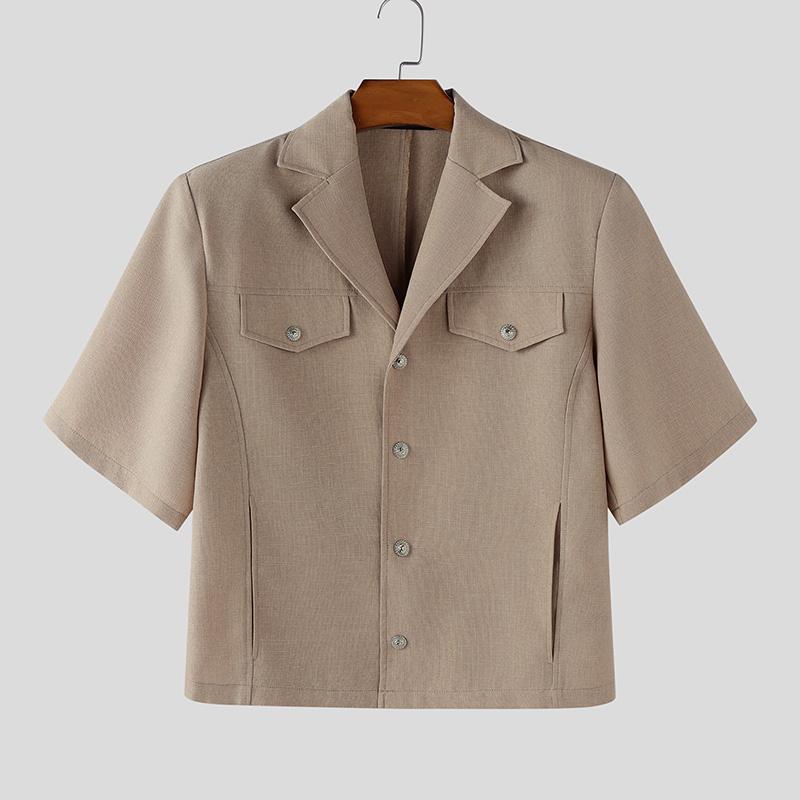 

INCERUN Oversized Men Lapel Neck Short Sleeve Cropped Casual Shirts 5XL хаки