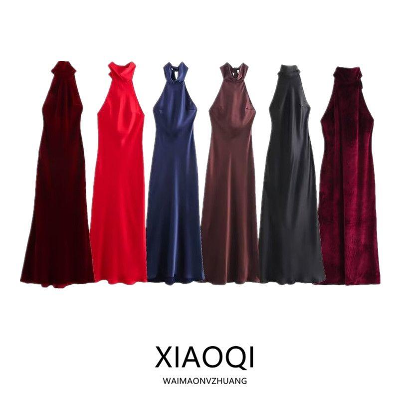 Fashion Style 2024 Fall and Winter New Women's Clothing Hanging Collar Silk Satin Texture Sleeveless Dress 8739331