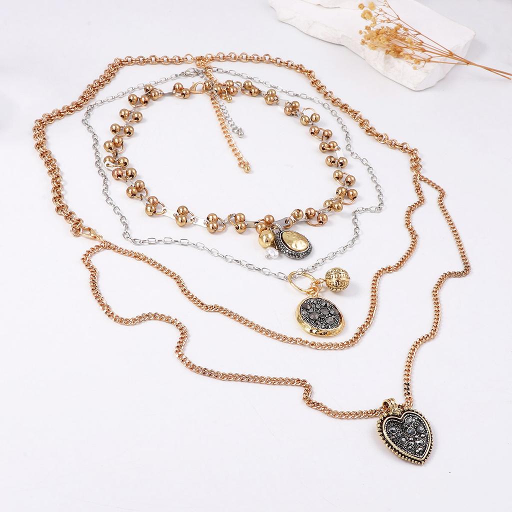 Personality Trend Light Luxury High Design Sense Multi-layer Stacking Alloy Geometric Badge Pendant Chain Necklace