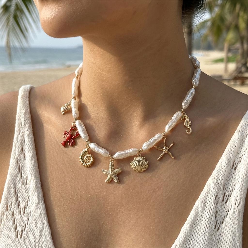 Boho Baroque Imitation Pearl Necklace For Women Starfish Conch Coin Pendant Charm Choker Beach Party Vacation Jewelry Gift