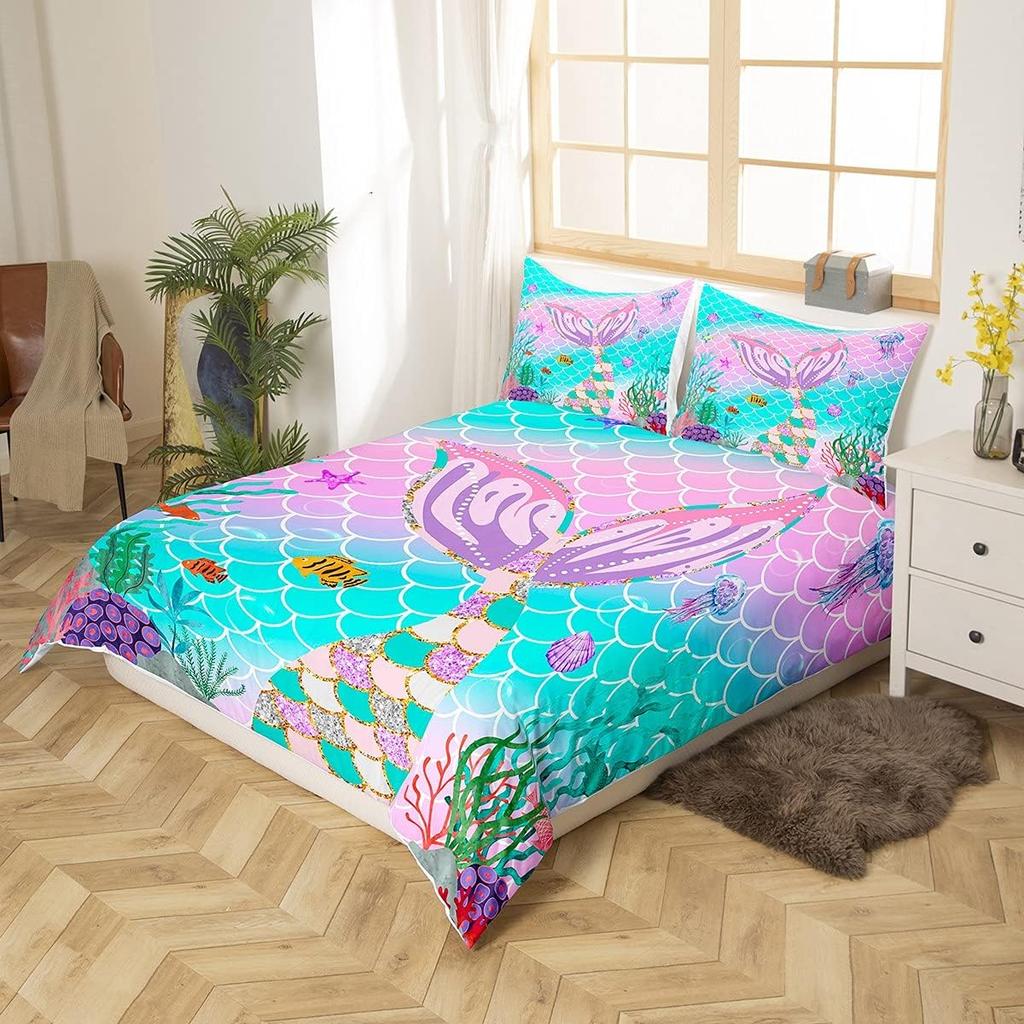 Erosebridal Mermaid Tail Comforter Cover,Kids Fish Scales Duvet Cover Twin,Girly Rainbow Bedding Set Ocean Life Sea Animal Bed Sets Teal Seq
