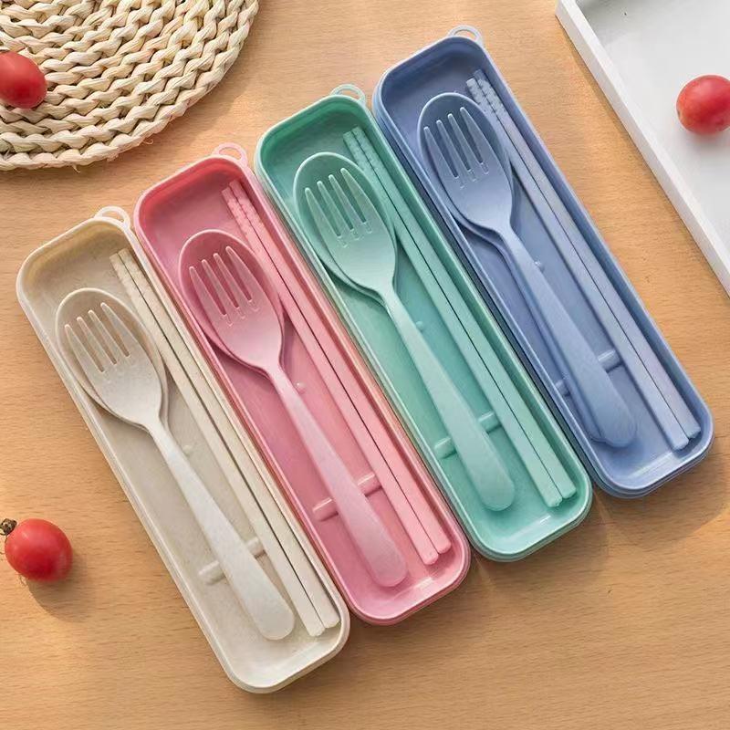 Tableware Student Outdoor Picnic School Minimalist Style Set Nordic Color Wheat Straw Fork Chopsticks Spoon Three in One Set