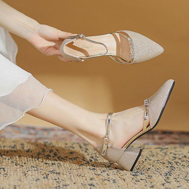 Summer bag head sandals thick heel new one-word buckle high heels middle heel pointed head with skirt cheongsam single shoes