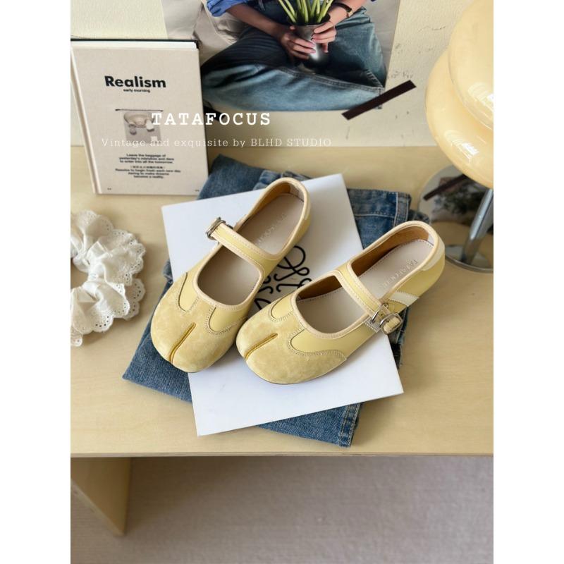 Leather Split-toed Shoes Women's Spring New Versatile Casual Pig's Trotters Soft-soled Soft-faced Shallow-mouth Single Shoes