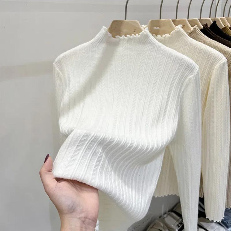 Wood-ear Edge Knitted Shirt Half Turtleneck Bottom Shirt Women in Autumn and Winter with Bottom Sweater Women's New Top