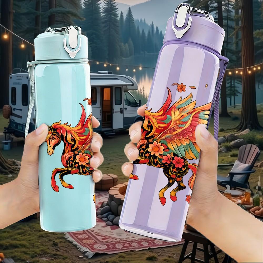 1PC Colorful Phoenix Bird Print 750ml Color Plastic Sports Water Bottle Leakproof Flip Straw Lid Suitable for Sports Office Home Use