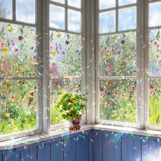 Rainbow Window Film Stain Glass Style Floral Static Clings Non-Adhesive Reusable Window Decals for Living Room Bedroom Kitchen Bathroom