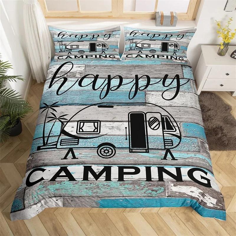 Happy Camping Duvet Cover Queen Twin Rv Camping Comforter Cover Camper Bedding Set Microfiber Bedspread Cover For Boys Girls