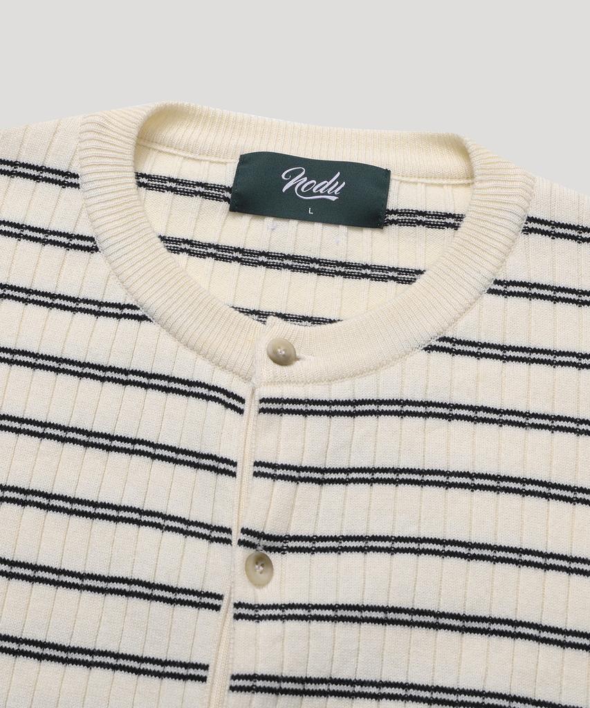 Nodu Block Stripe Round Knit Cardigan [Ivory]