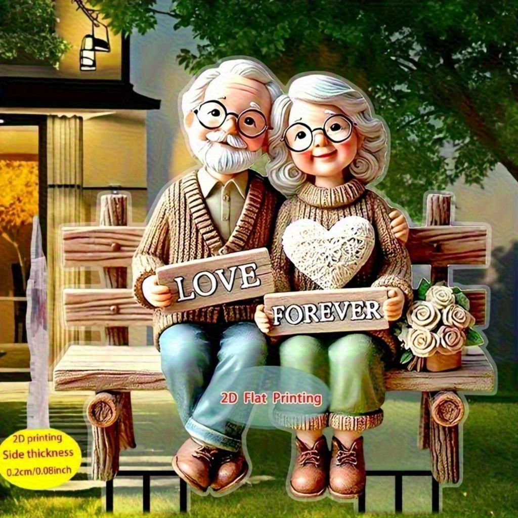 2D Romantic Grandparents on Bench Garden Stake Decor for Lawn Planter Patio, Ideal Festival & Elderly Gift, Perfect Garden Ornament