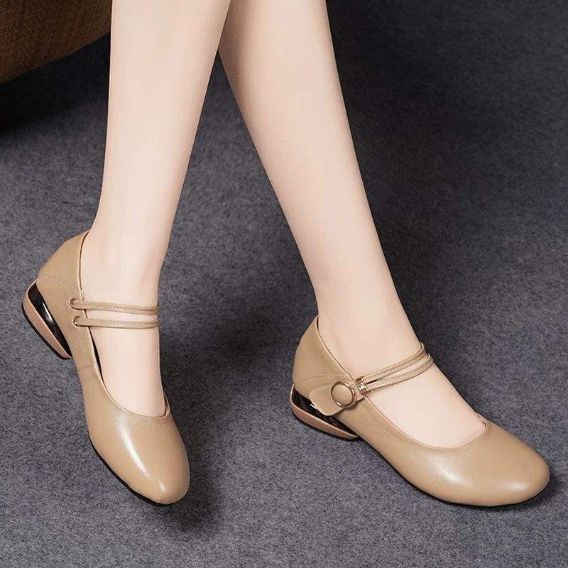Coarse Heel Single Shoes Women's Spring and Autumn Mother Shoes Flat Bottom Low Heel Round Head Women's Leather Shoes Soft Sole