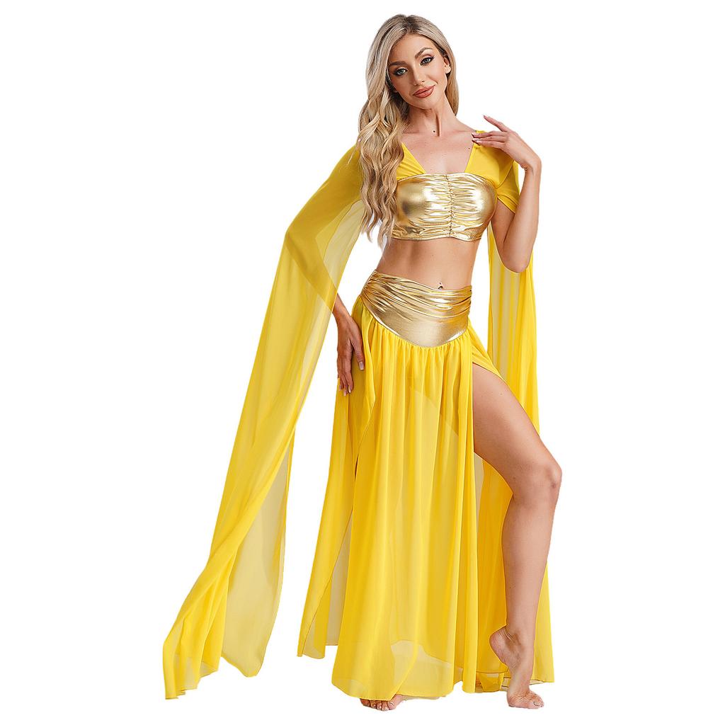 Damen Ägyptisches Cleopatra Kostüm Crop Top mit geteiltem Chiffonrock Set Halloween Party Kleidung