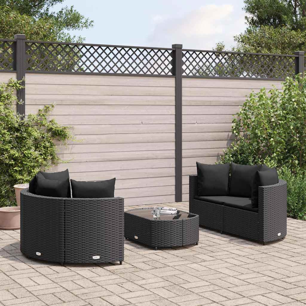 5 Piece Garden Sofa Set with Cushions Black Poly Rattan