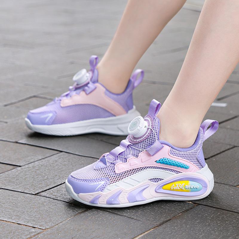 Single net children's shoes boys rotating buckle running shoes 2025 spring and summer mesh breathable non-slip soft sole girls sports shoes