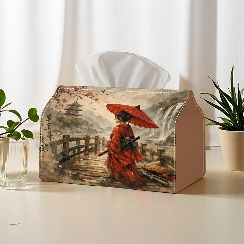 1pc 2D Flat Printed Japanese-Style Samurai Girl with Chinese Landscape Style Tissue Box, Polyester Material, Large Size, Suitable for Tea Rooms, Studi