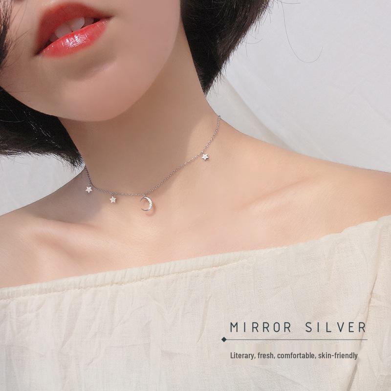 2023 Adjustable Star Moon Pendant Necklace - Japanese Korean Style Silver Choker Chain for Women