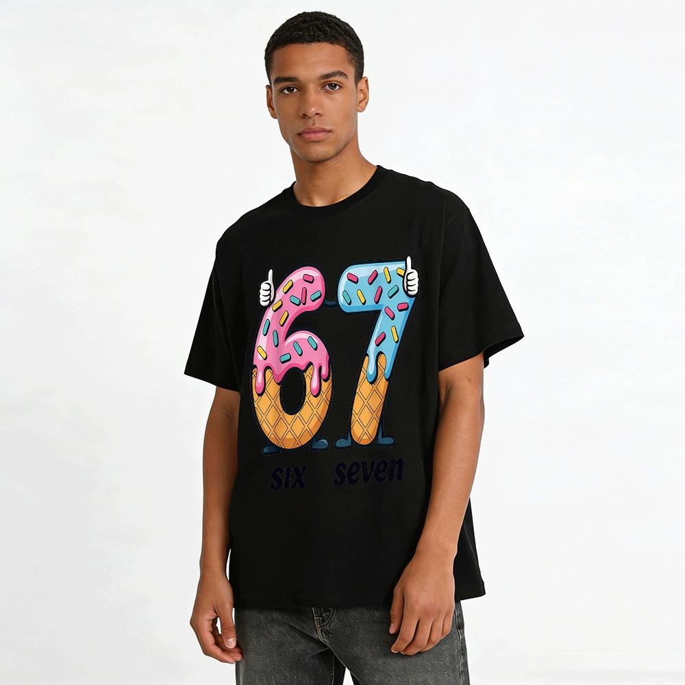 Cute Donut Style Number 67 Print Casual Short Sleeve Tee Pure cotton T-shirt