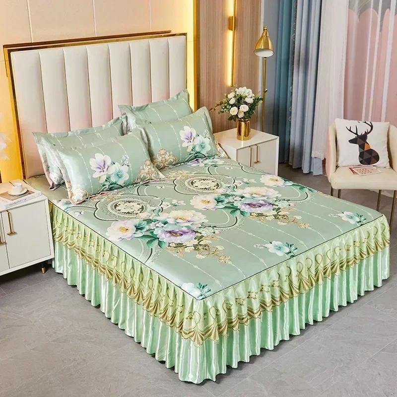 Korean Version Lace Solid Color Bed Skirt Three Piece Set, Skin Friendly Double-layer Bed Cover Non Slip Bed Cover Falda De Cama