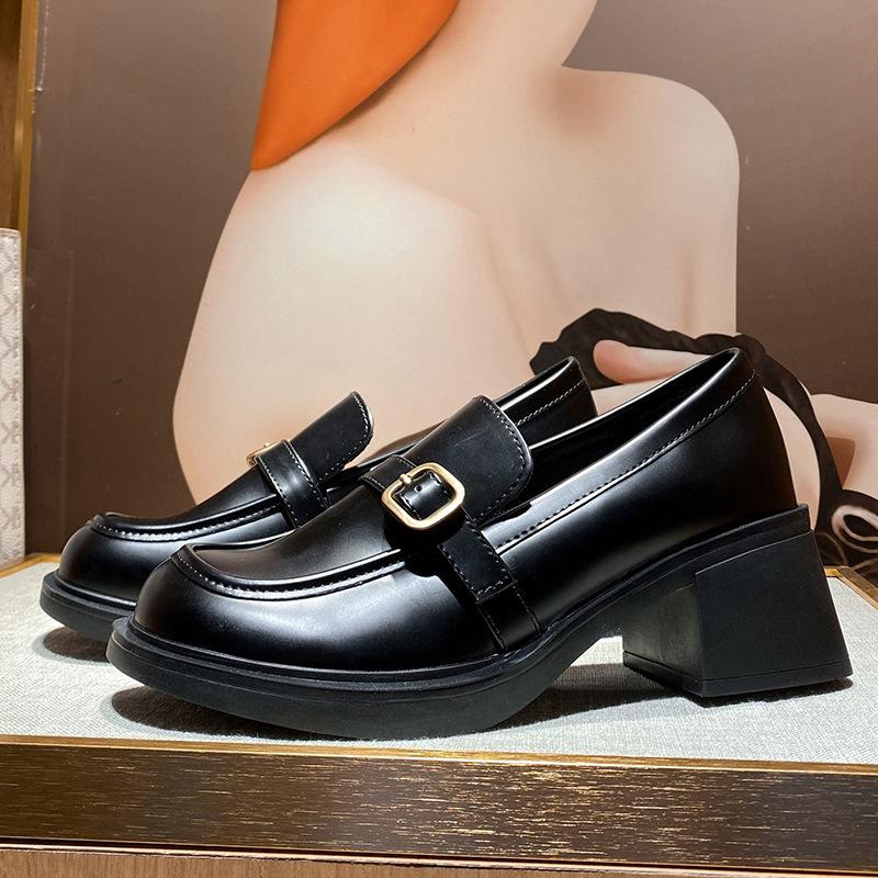 Retro One-pedal Small Size Platform Loafers Round Head Small Leather Shoes Women's Medium High Heels Are Not Tiring