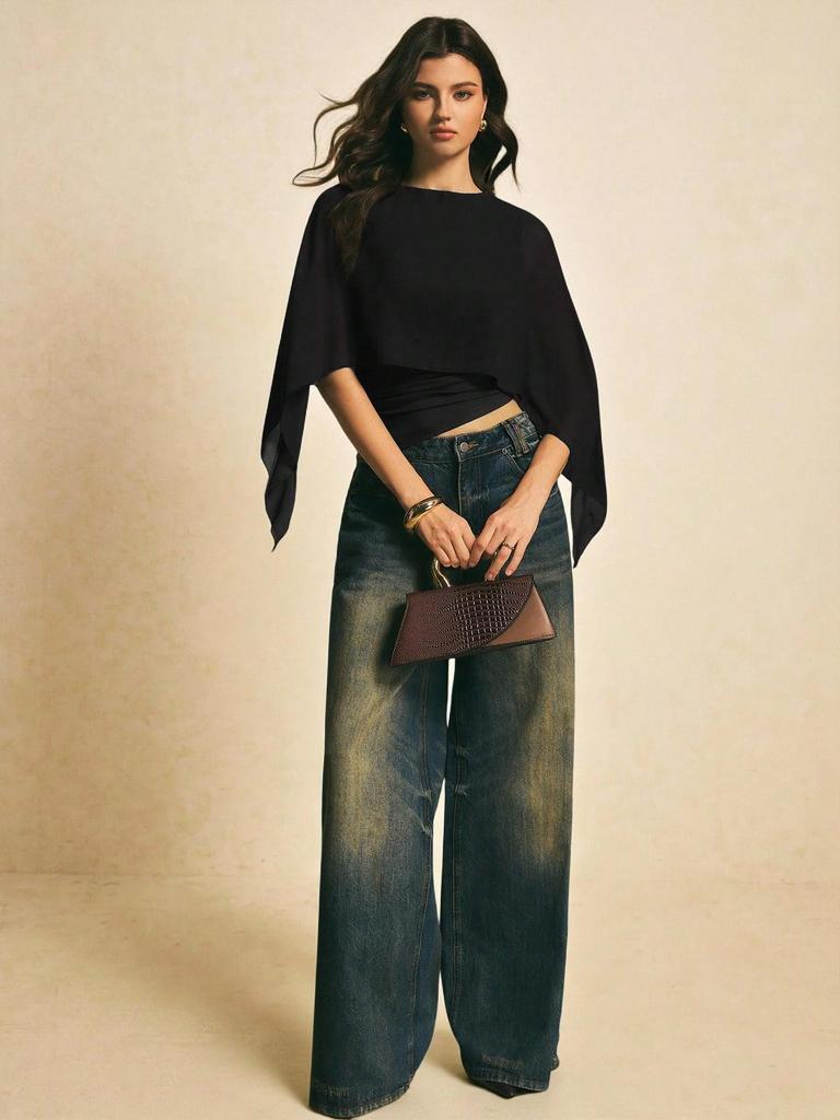 2026 Summer Women's Cape Sleeve Chiffon Top: Round Neck, Loose, Elegant Irregular Design