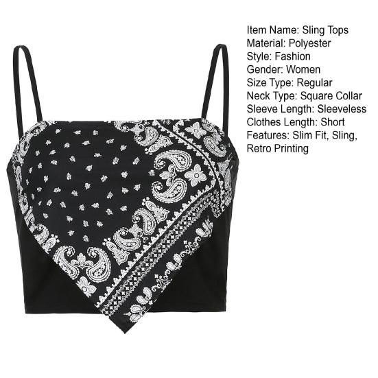 Summer Sling Vest Square Collar Sleeveless Retro Printing Camisole Slim Fit Tank Top Women T-shirt Streetwear