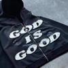 Sudadera Unisex Streetwear con Bordado God Is Good Estampado Flocado Corte Oversize Manga Larga Negra