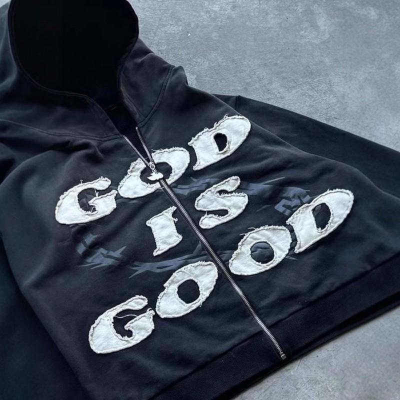 Sudadera Unisex Streetwear con Bordado God Is Good Estampado Flocado Corte Oversize Manga Larga Negra
