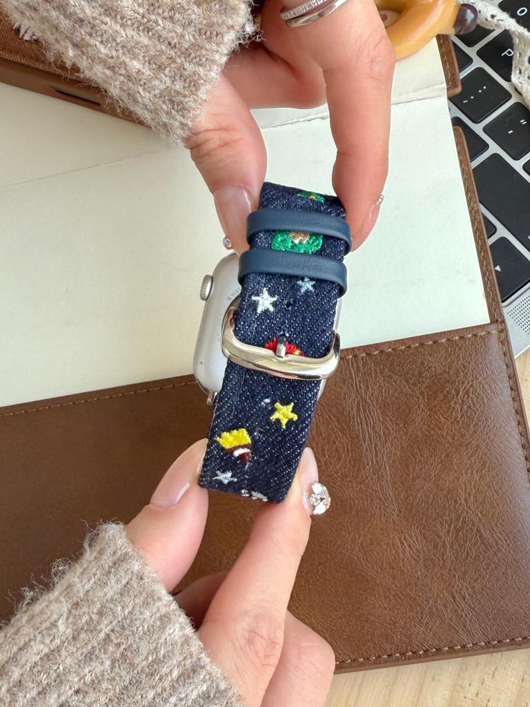 Cartoon Embroidered Denim Leather Watch Strap for Apple Watch Series 11/10/98 Ultra SE
