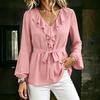 Women's New V-neck Temperament Ruffle Shirt Lace-up Waist Lantern Sleeve Long-sleeved Top