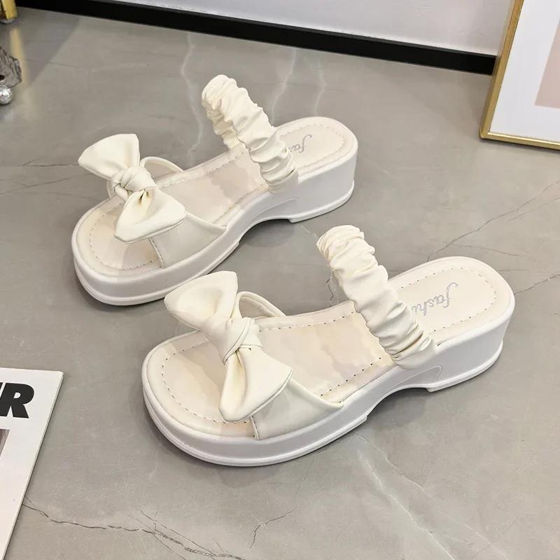 Móda Móda Ženy Nové Letní Ležérní Sandály s Tlustou Podrážkou Svrchní Oblečení Mašle Plážové Pantofle Sexy Nazouváky Platforma Boty Měkké Podpatky Kopyto Řím