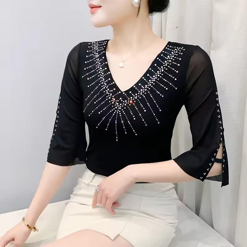 

Летняя женская футболка с коротким рукавом, сексуальный V-образный вырез, блестящие горячие бриллианты, топы, элегантная женская облегающая сетчатая футболка M