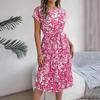 Women Floral Pleated High Waist A Line Long Dress Short Sleeve Spring Summer