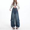 Early Spring Vintage High Waist Floor Wide Leg Cargo Denim Pants For Ladies Casual Pants Oversize Denim Trousers