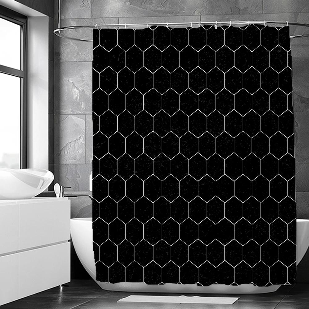 Black and White Geometric Pattern Shower Curtains Waterproof Fabric Bathroom Curtain with Hooks 180x180cm Toilet Bath Screen